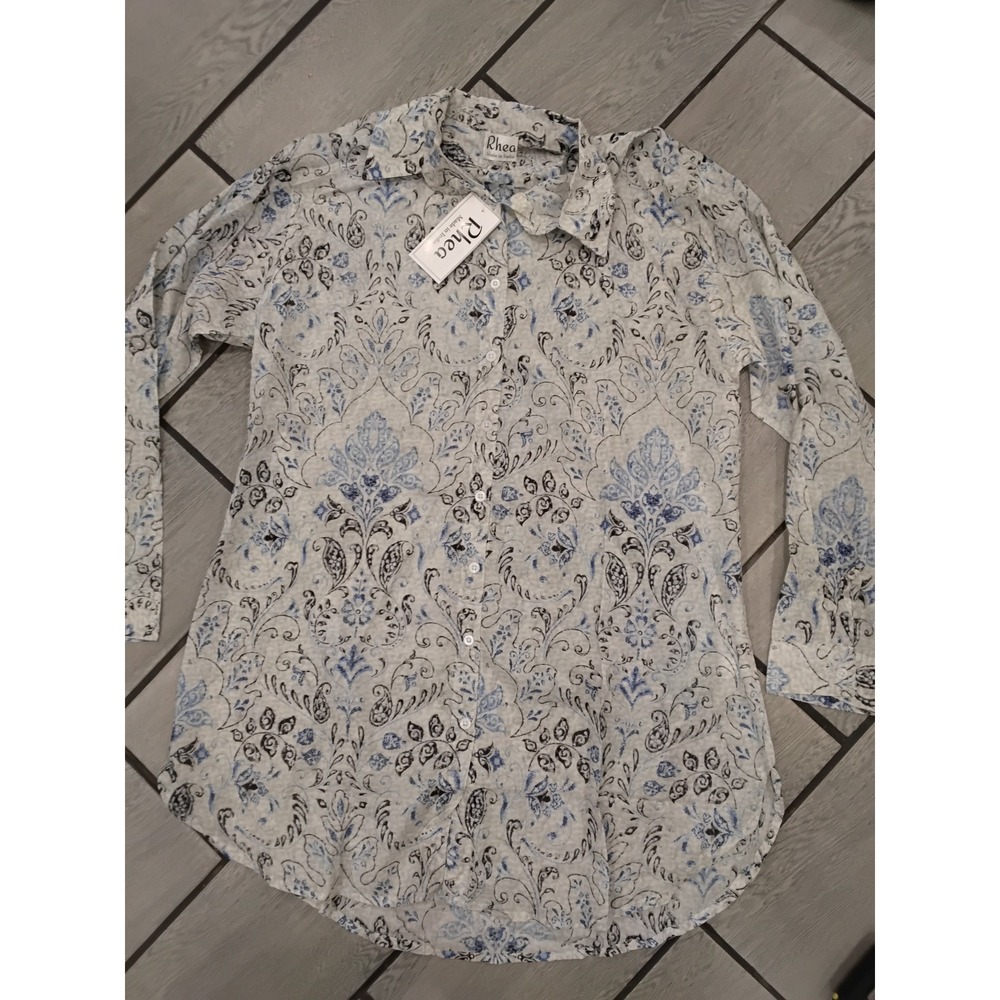 Rhea Womens Blue White Paisley Damask Button Down Cotton Tunic Shirt New